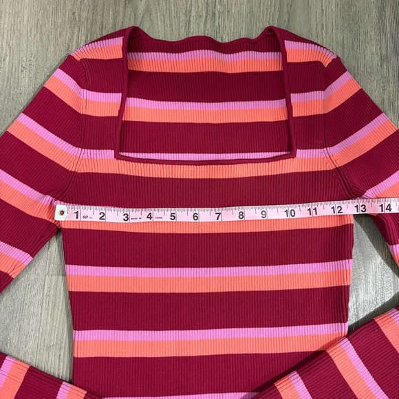 Striped Square Neck Sweater Pink Orange Burgundy Y2K Sz S 90s Retro Casual - Picture 5 of 8